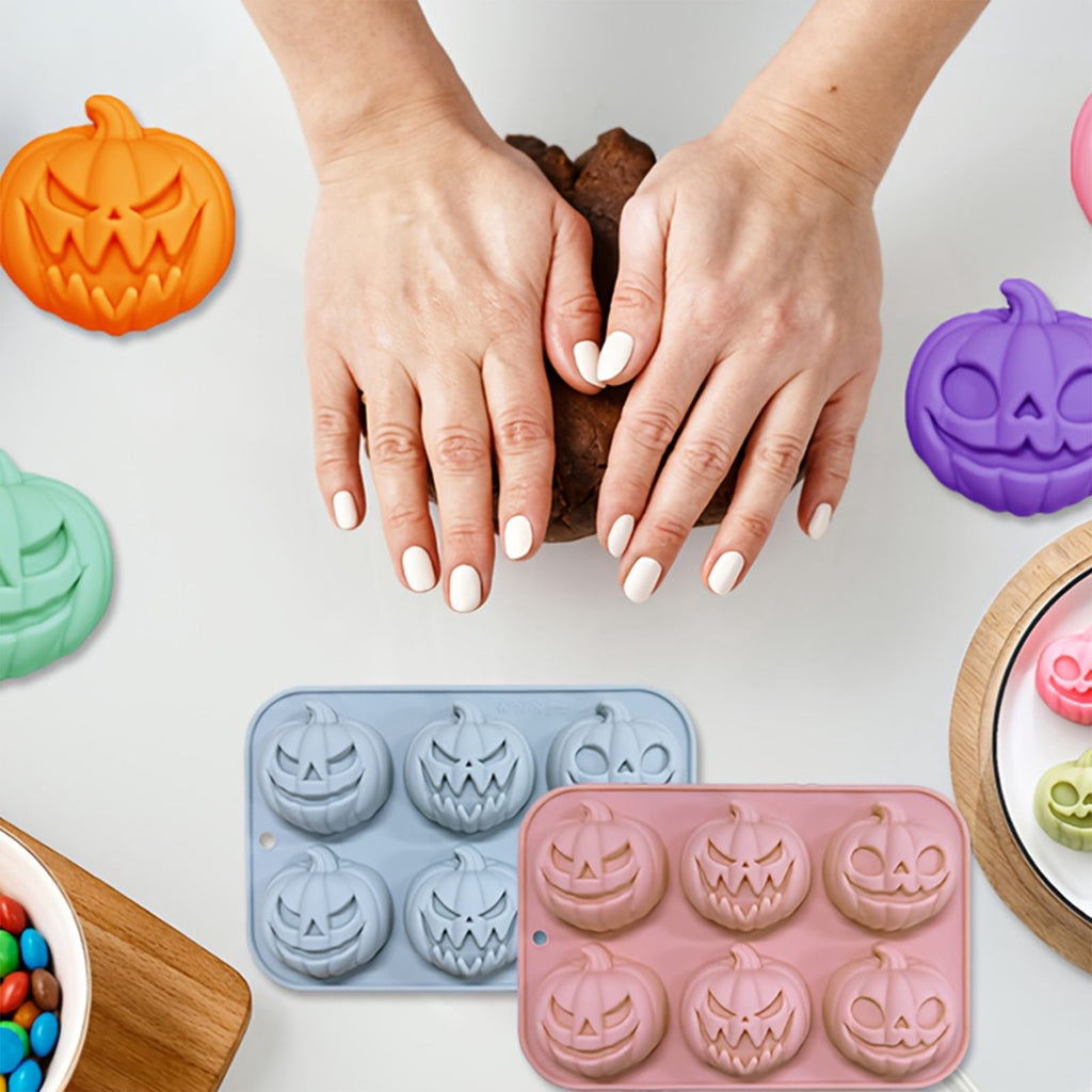 Ktlvex 6-Cavity Pumpkin Silicone Mold, Rectangular, Food-Grade, Pink – for Halloween Chocolate, Soap & Baking