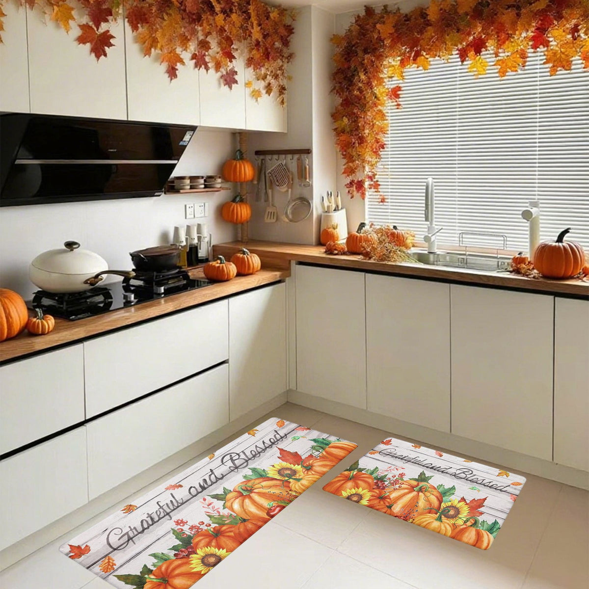 HOARBOEG Kitchen Floor Mat, Halloween Thanksgiving Fall Floor Mats 2-Piece Set - Non-Slip Pumpkin Maple Leaf Decor Rug for Bathroom Kitchen Porch Entrance, Holiday Home Decor