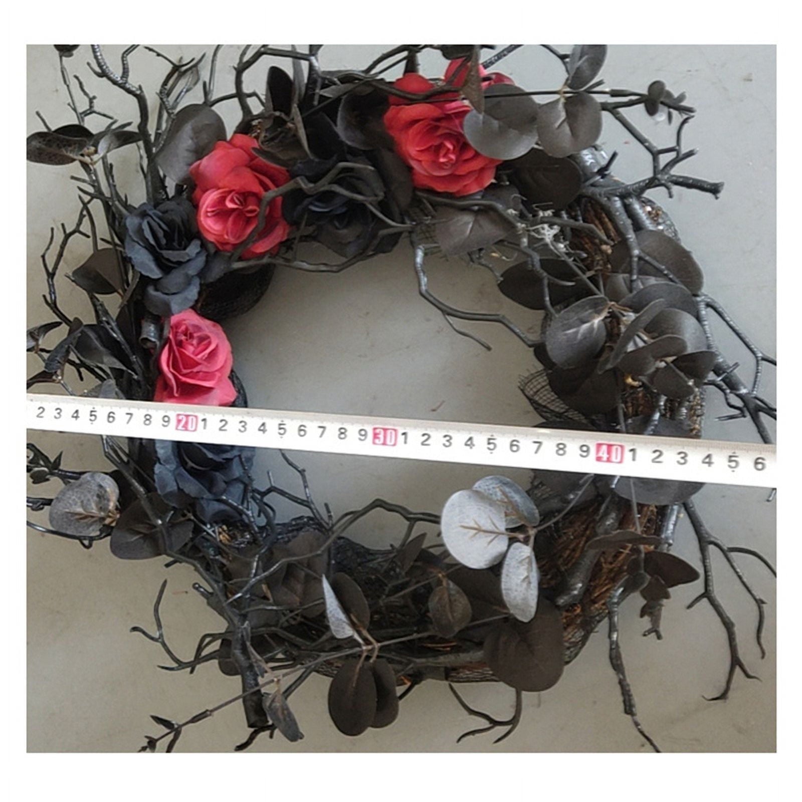 Black Halloween Door-Wreath with Red Rose Wreath for Front Door Black Wreath for Gothic Halloween Home Decor