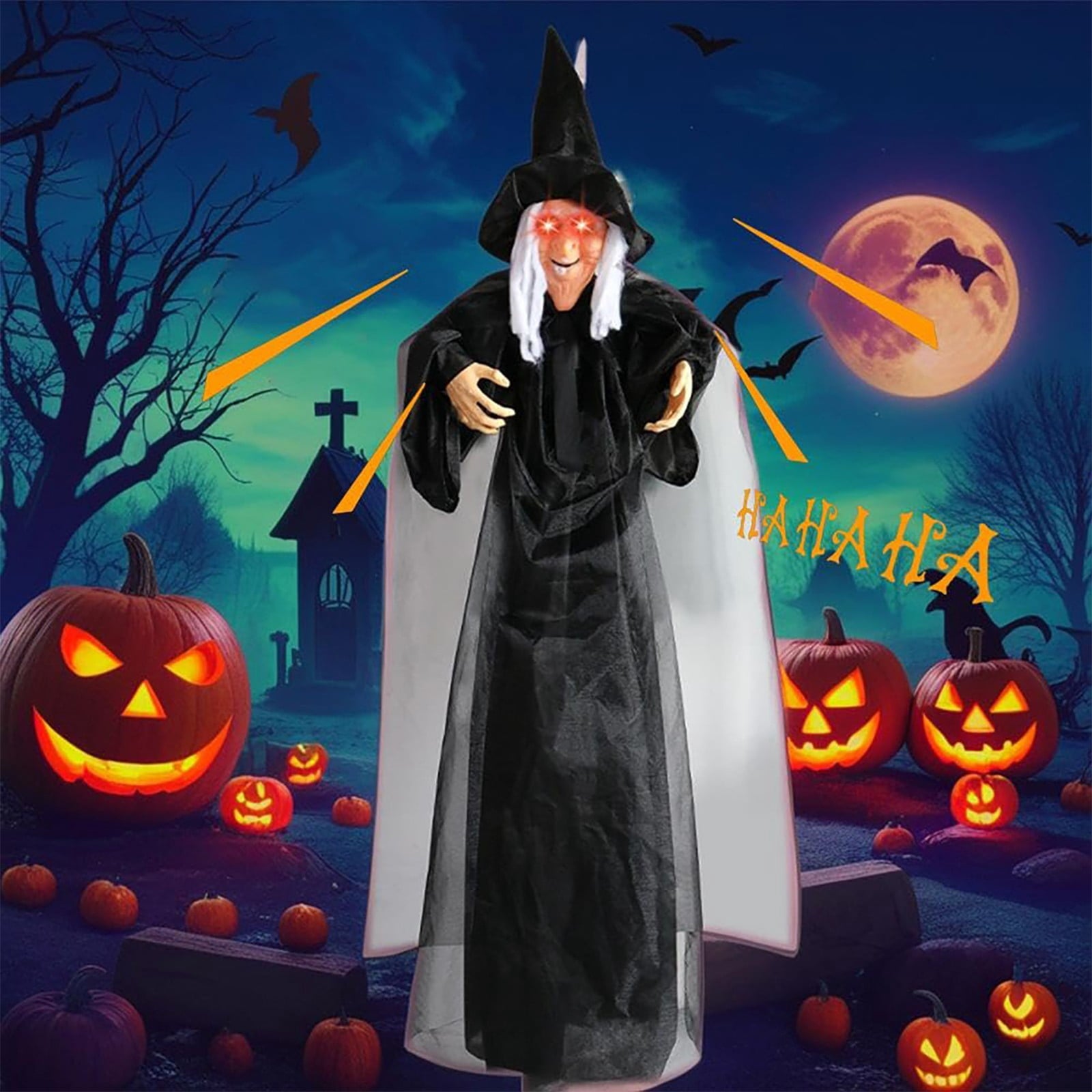 BinKFF Life Size Hanging Talking Witch - Animated Halloween Witch with Sound Activation and Red Eyes for Outdoor & Indoor Decor - Flying Animatronic Witch for Halloween Decorations