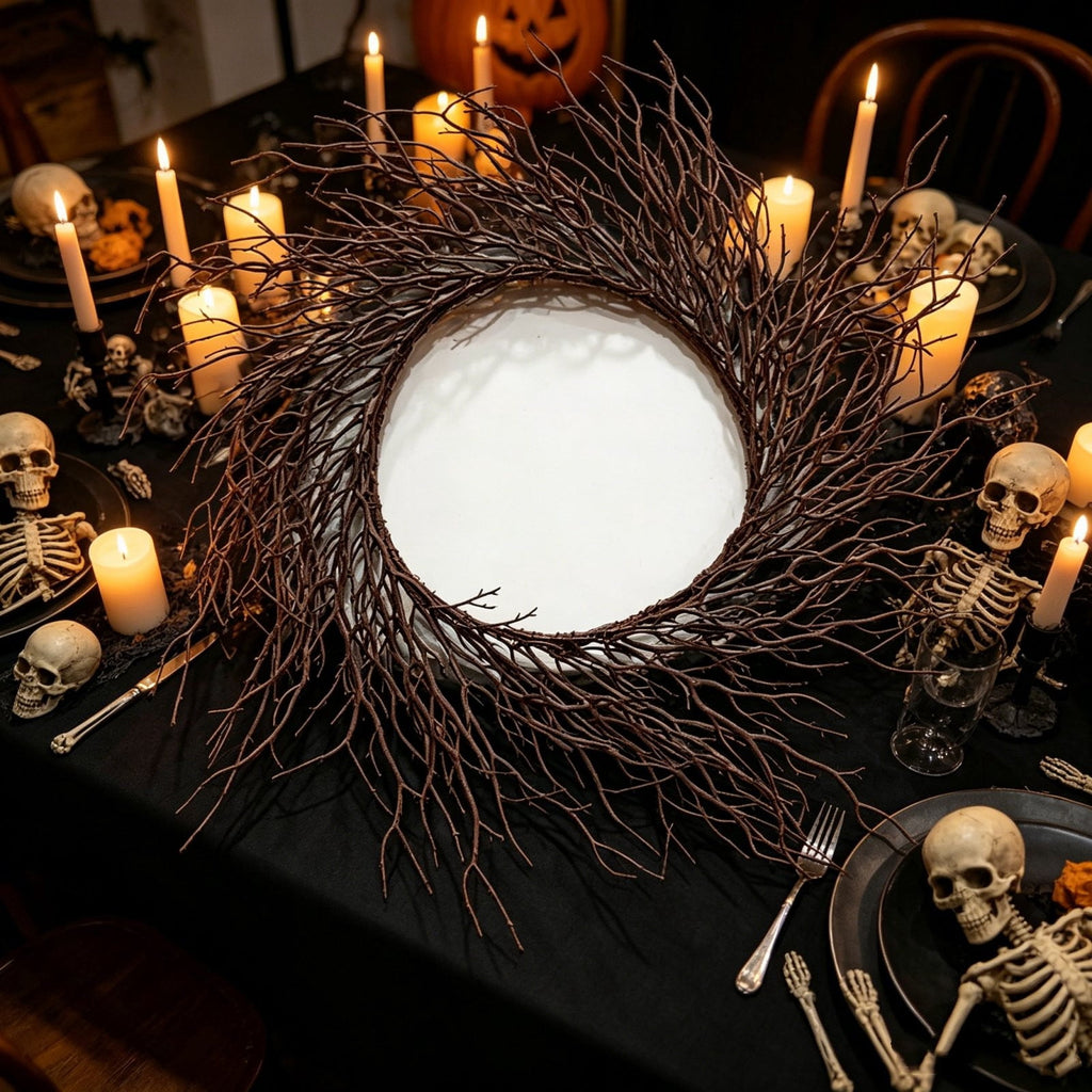 WWC Halloween Wreath, 18 inch Black Bats and Bare Branch Wreath, Gothic Halloween Decor Twig Wreath for Halloween Party Front Door Porch and Fireplace