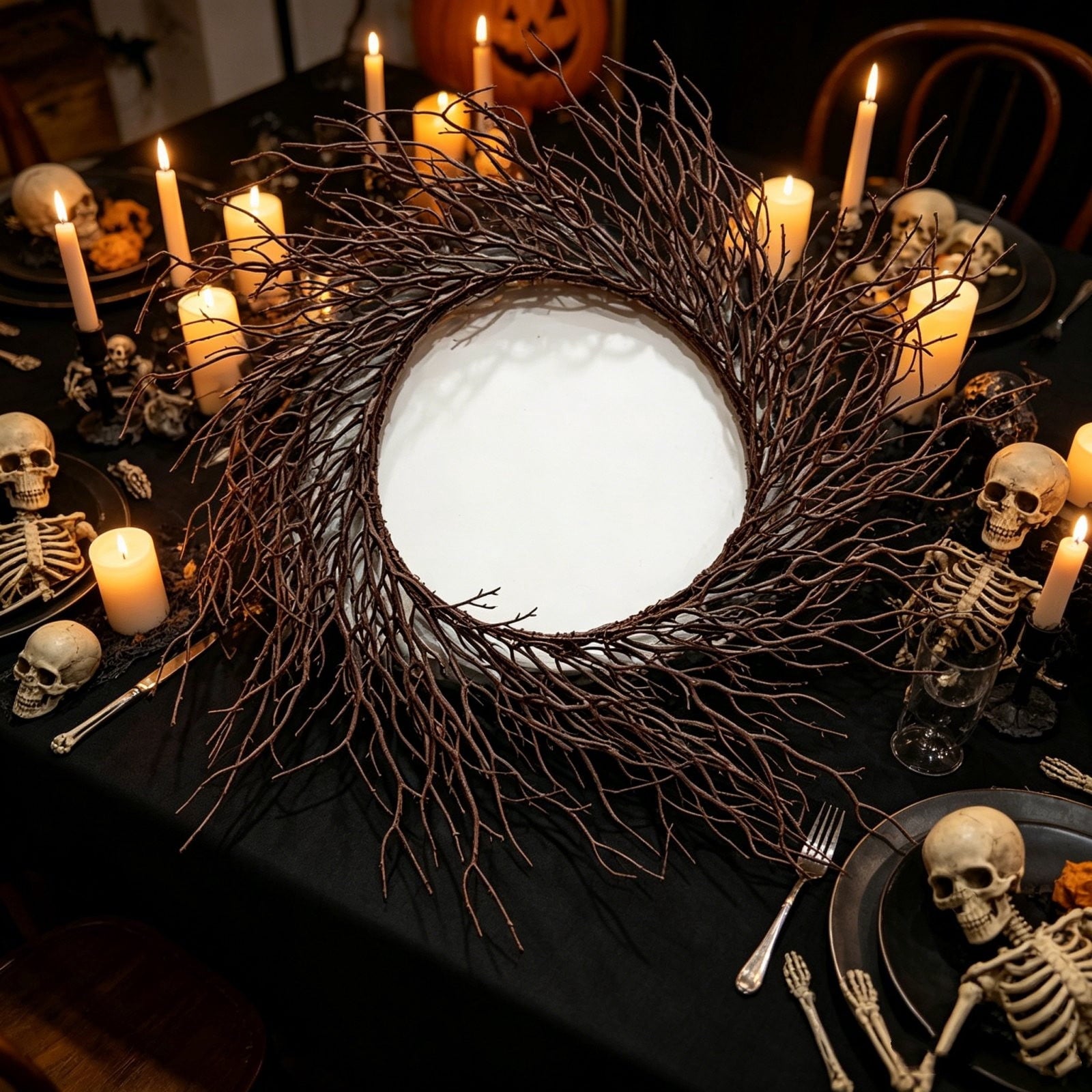 WWC Halloween Wreath, 18 inch Black Bats and Bare Branch Wreath, Gothic Halloween Decor Twig Wreath for Halloween Party Front Door Porch and Fireplace