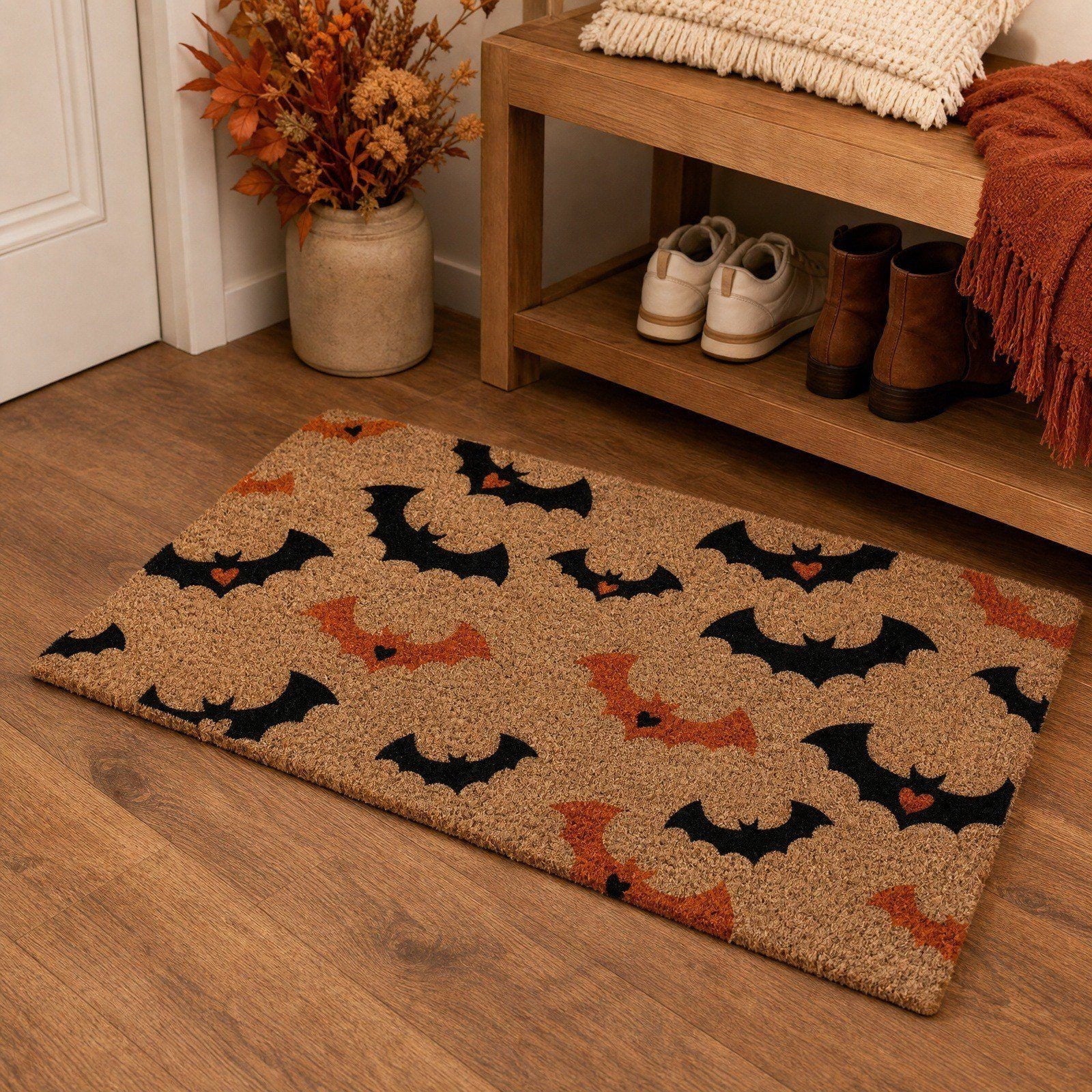 Halloween Heart Print Doormat 60x40cm, Black Orange Spooky Entry Mat for Front Door, Non-Slip Indoor Outdoor Rug