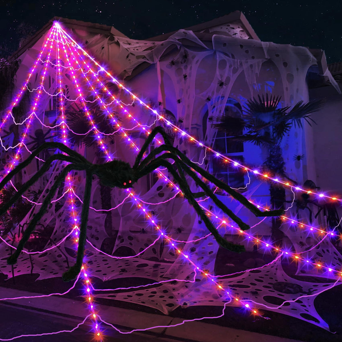 Scidweet Halloween Decorations Outdoor, 350 LED Halloween Spider Web Lights with 79" Giant Spider for Home Garden Yard Decor