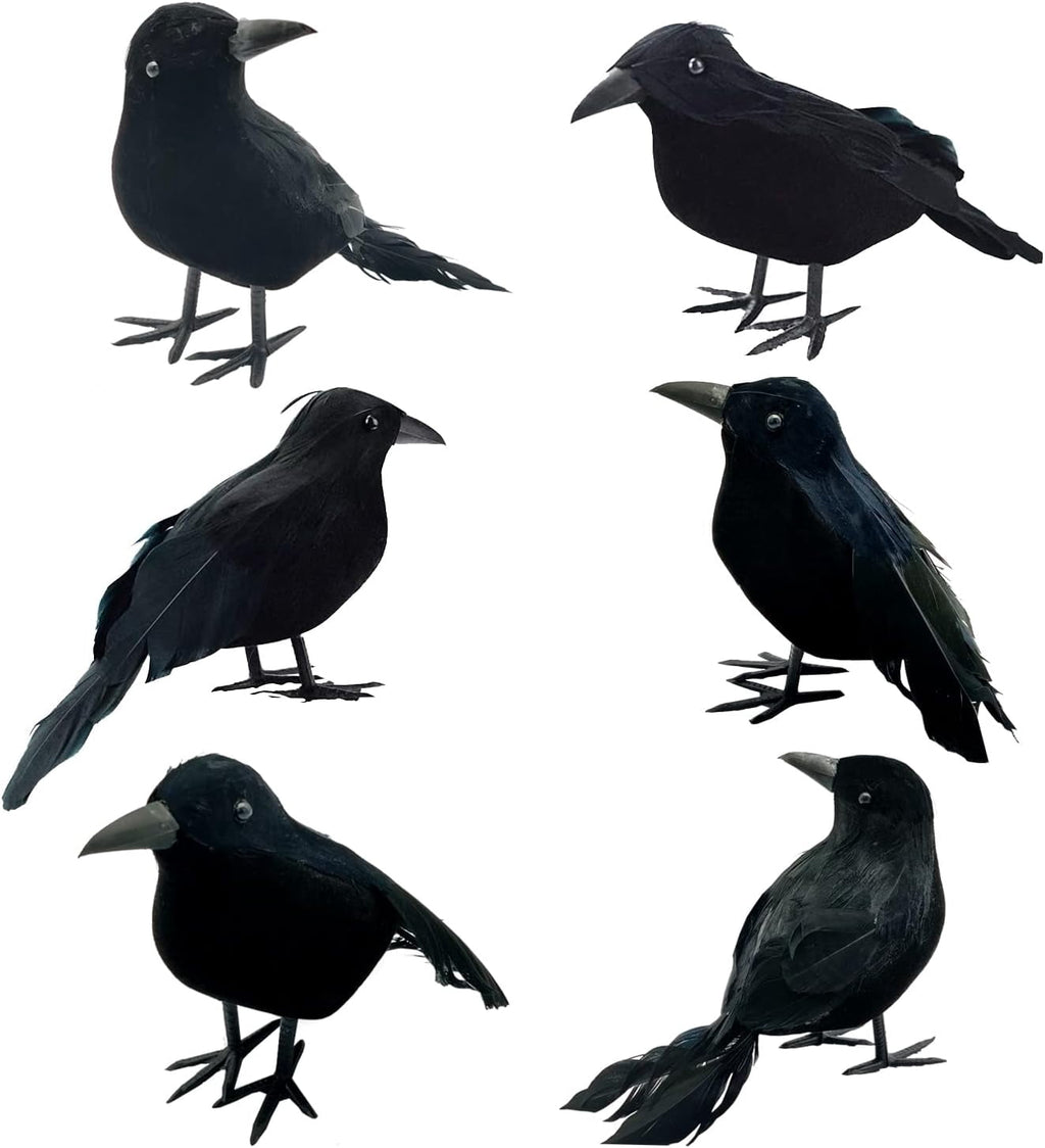 Yanxiao 6PCS Halloween Black Crows Decorations, Realistic Foam Halloween Handmade Black Feathered Crows with Fixable Legs, Halloween Gothic Ornaments for Table Centerpieces, Party, Indoor & Outdoor
