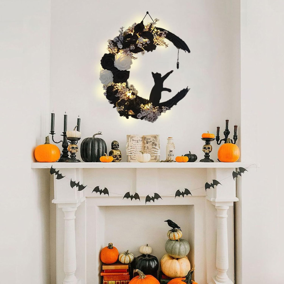 Halloween Wreaths For Front Door, Flower Moon Cat Halloween Home Decoration, Halloween Family Gathering Decoration Wreath，Outdoor, Wall, Closet, Fence, Wreath Halloween (Pink roses)