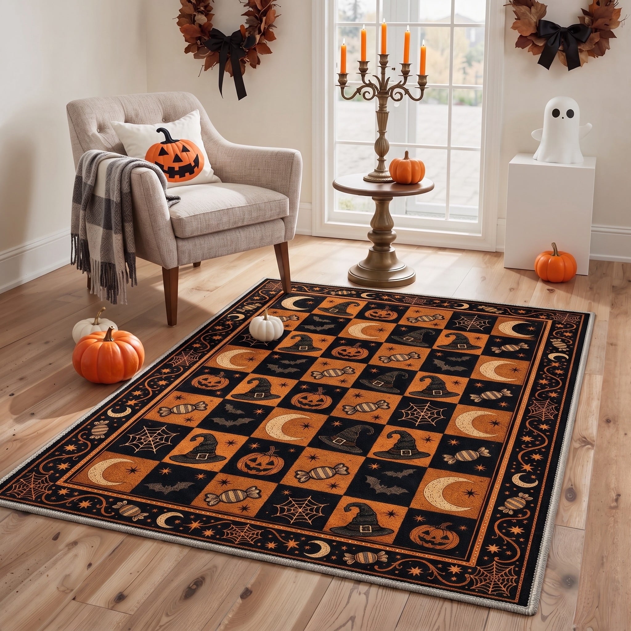 GENIMO 2'x7' Halloween Runner Rug, Washable Non Slip Soft Vintage Witch Indoor Outdoor Hallway Runner for Porch Patio Kitchen Entryway, Vintage Black