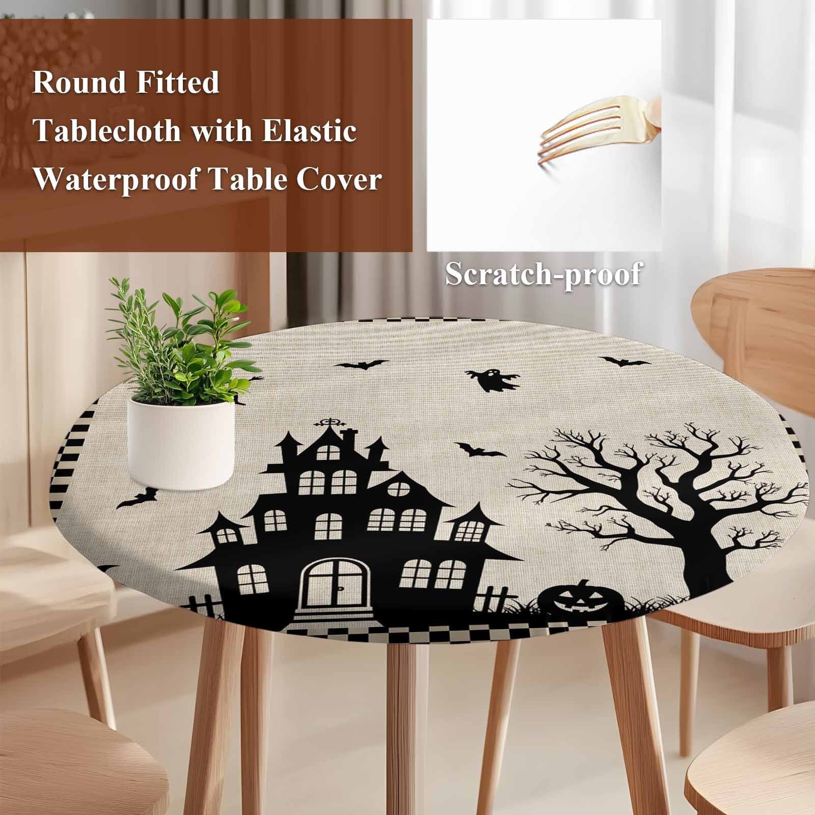 Halloween Round Tablecloth 55-60 Inch Round Fitted Table Cloth with Elastic Edge, Spooky Pumpkins Horror Castle Bat Black Plaid Waterproof Table Cover Protector for Outdoor Picnic Party Dining