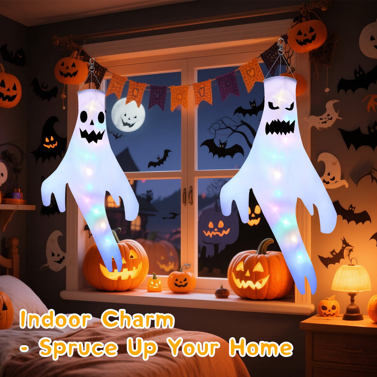 Qoosea 3 Pack Halloween LED Lights Witch Hat Ghost Hangers, Purple/Green/Orange, 3 Lighting Modes, Waterproof Battery Case, Halloween Decorations