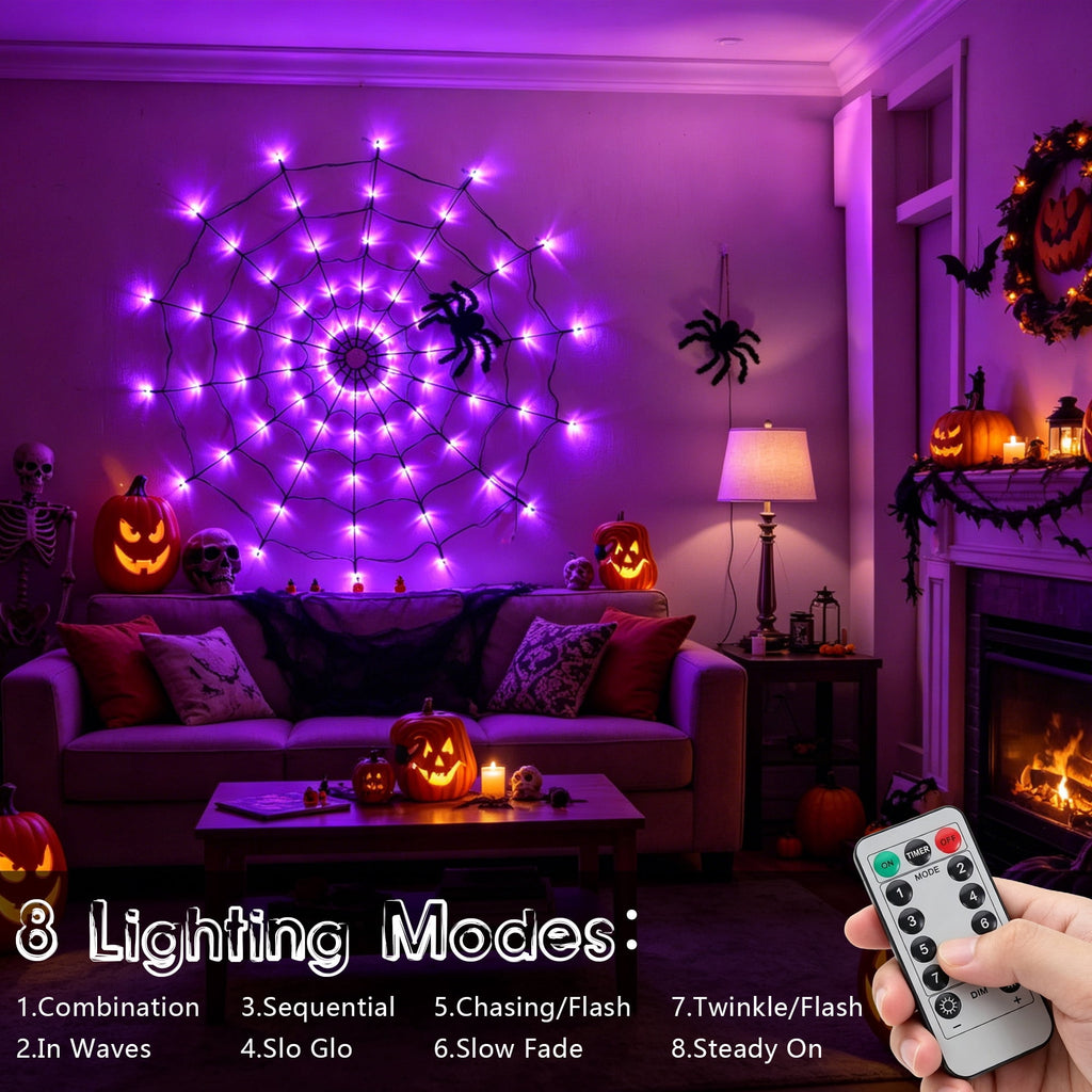 DAYBETTER Halloween Spider Web Lights, 4FT Purple LEDs with Hairy Black Spider, Remote Control, Waterproof for Indoor, Outdoor, Halloween Decor