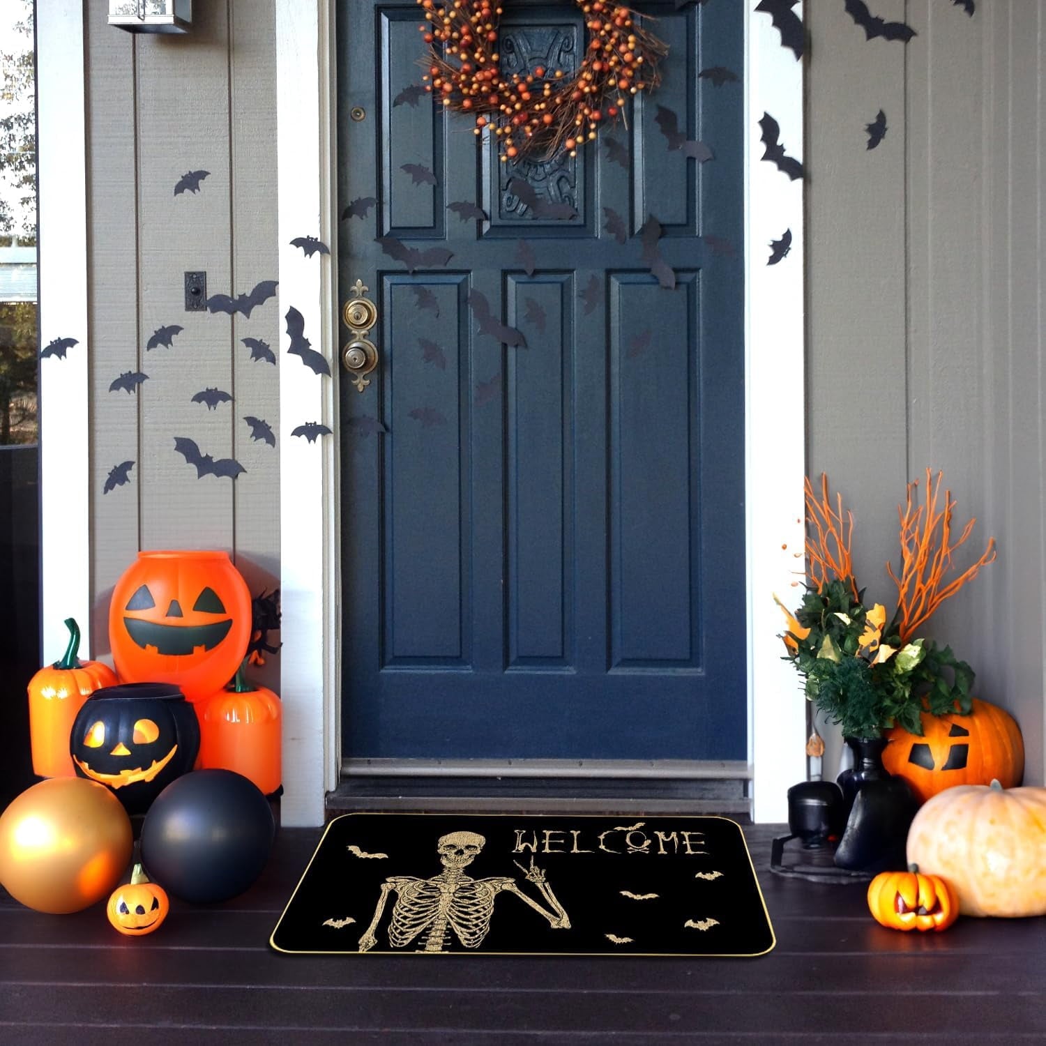 ASKETAM Halloween Doormat Indoor/Outdoor Non-Slip Carpet 19.5" x 31.3" (Happy Skeleton Bat)