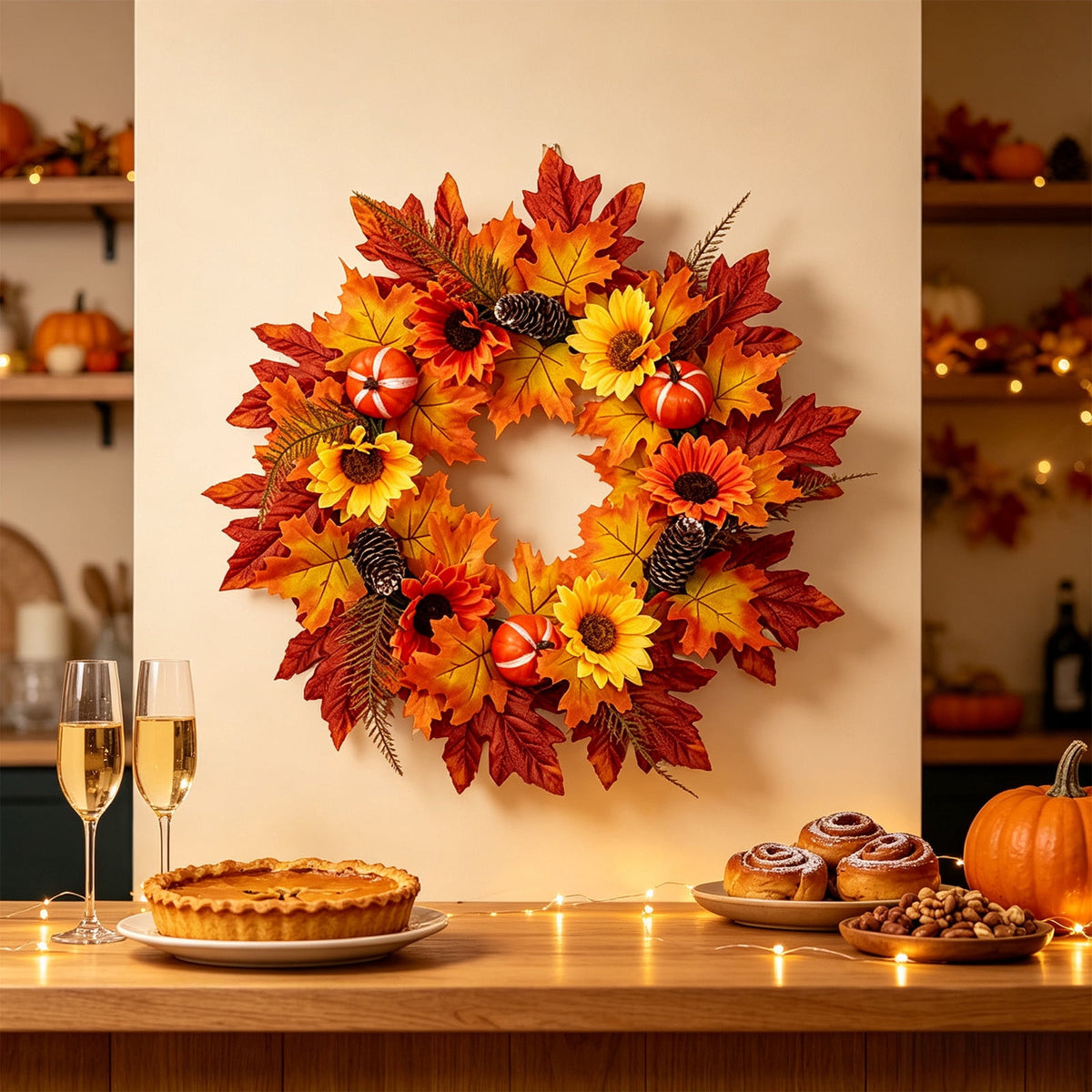 HOARBOEG Handmade Wrought Iron Maple Leaf Wreath, Thanksgiving Rudolph Fall Harvest Door Hanging, Orange Metal Autumn Wreath with Berries, Garden Wall Decor, 15.75 in