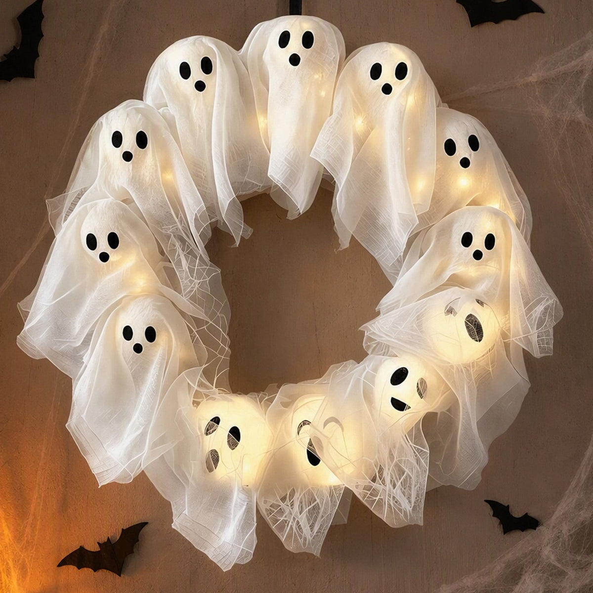 Halloween Glowing Ghost Wreath, Light-up Spooky Wreath with 12 Ghost Decor, RC, 6H Timer, Ideal for Halloween Party (A 12x3inch)