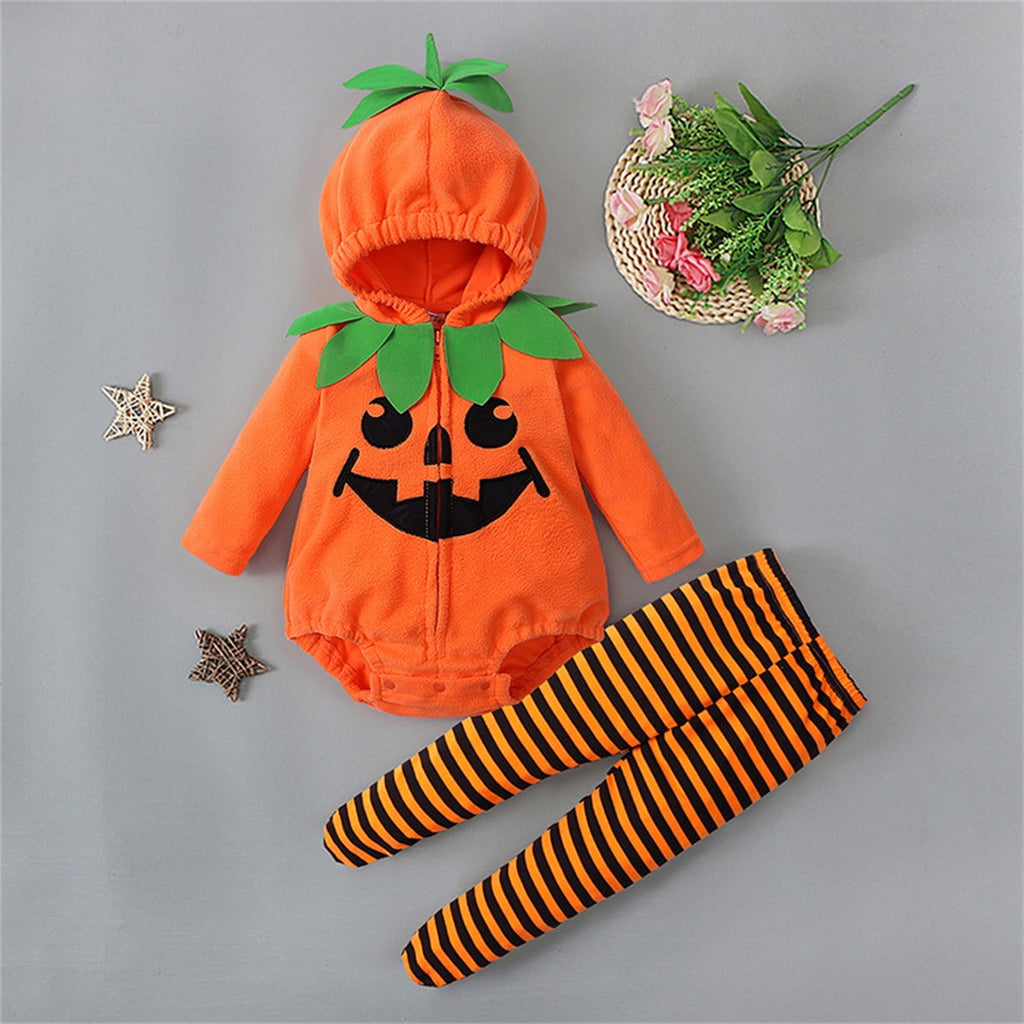QEFJNO Unisex Toddler Baby Halloween Pumpkin Costume, Newborn Infant Long Sleeve Hooded Jumpsuit with Pants 2pcs Outfits