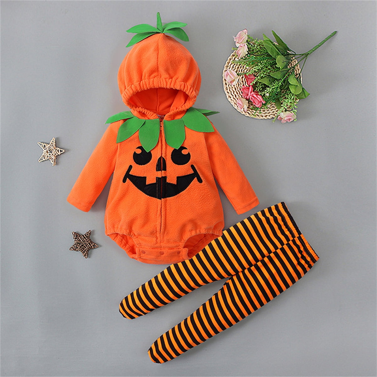 QEFJNO Unisex Toddler Baby Halloween Pumpkin Costume, Newborn Infant Long Sleeve Hooded Jumpsuit with Pants 2pcs Outfits
