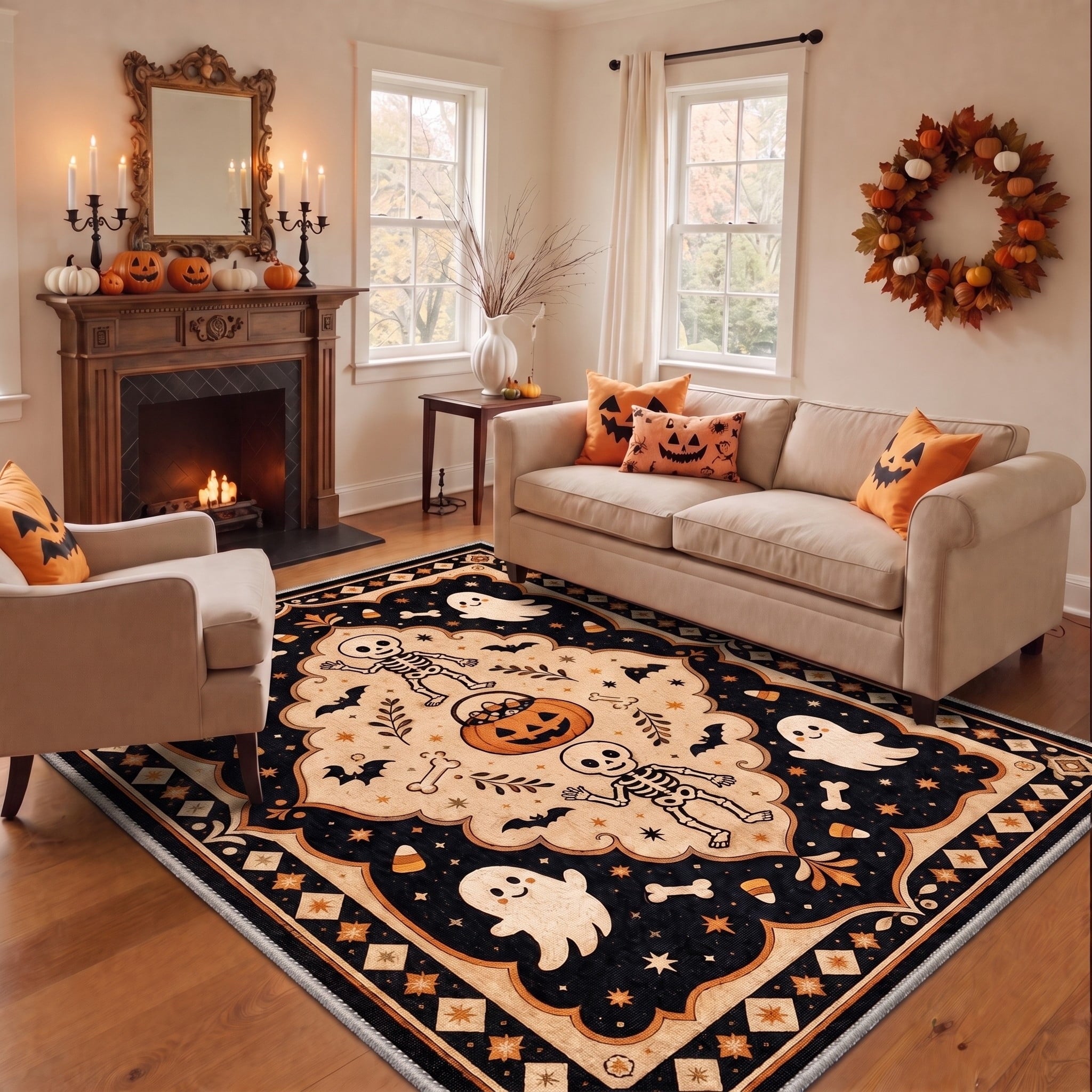 GENIMO 2'x7' Halloween Runner Rug, Washable Non Slip Soft Vintage Witch Indoor Outdoor Hallway Runner for Porch Patio Kitchen Entryway, Retro Sepia