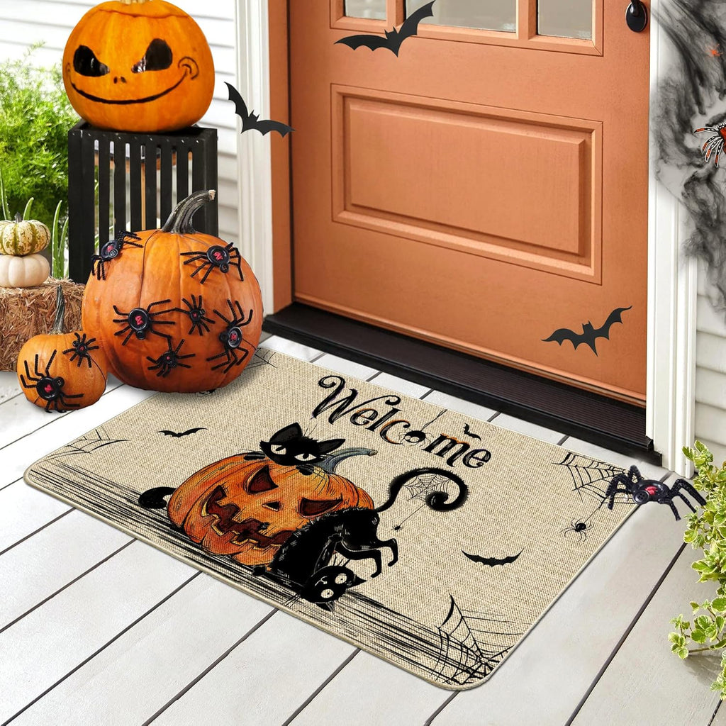 NIETEIN Halloween Door Mat Pumpkin Cat Gnomes Non-Slip Washable 31.5x19.7 Inch (Black Cat Pumpkin)