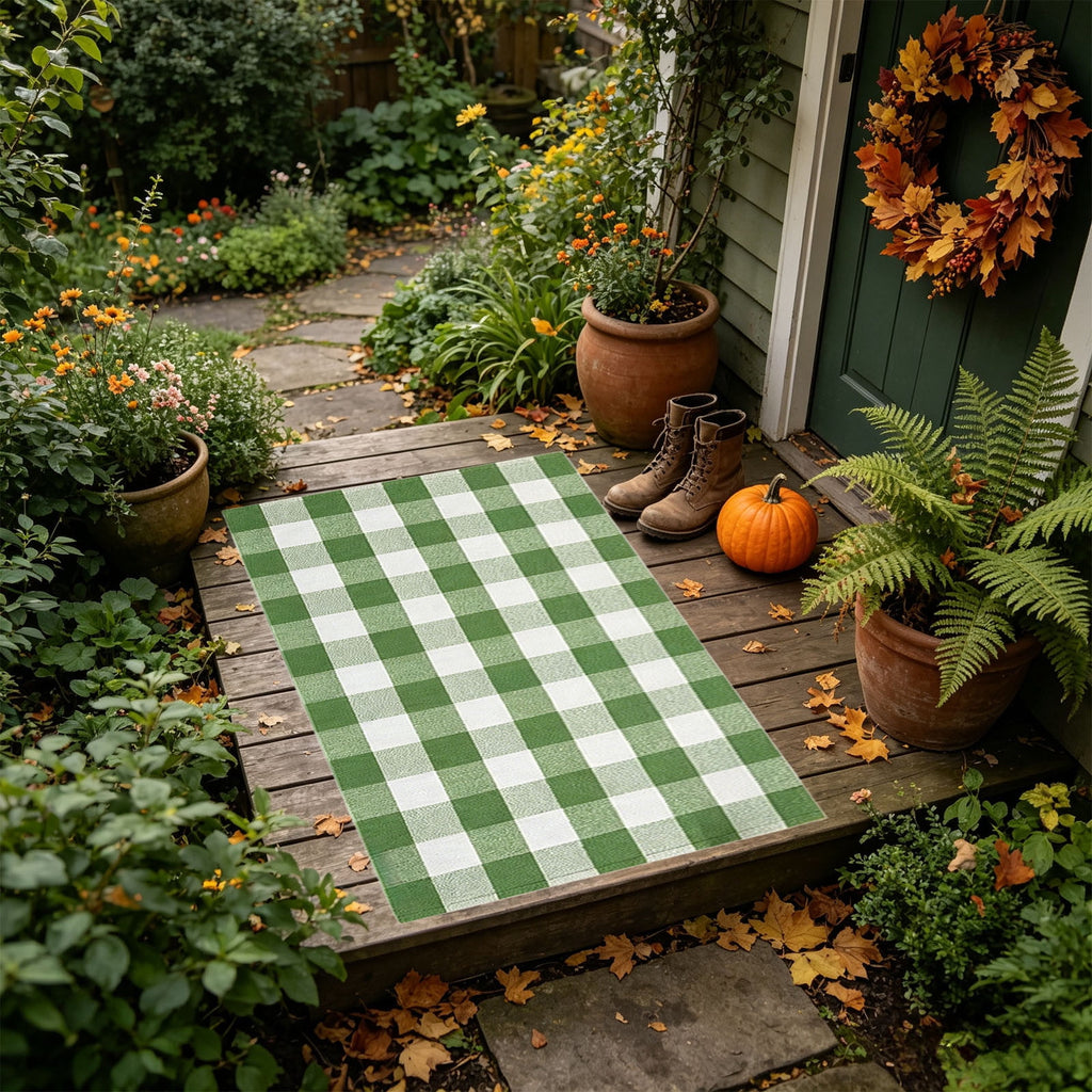 Orange Plaid Fall Outdoor Mat, Hand-Woven Porch Rug for Thanksgiving Halloween Door Decor