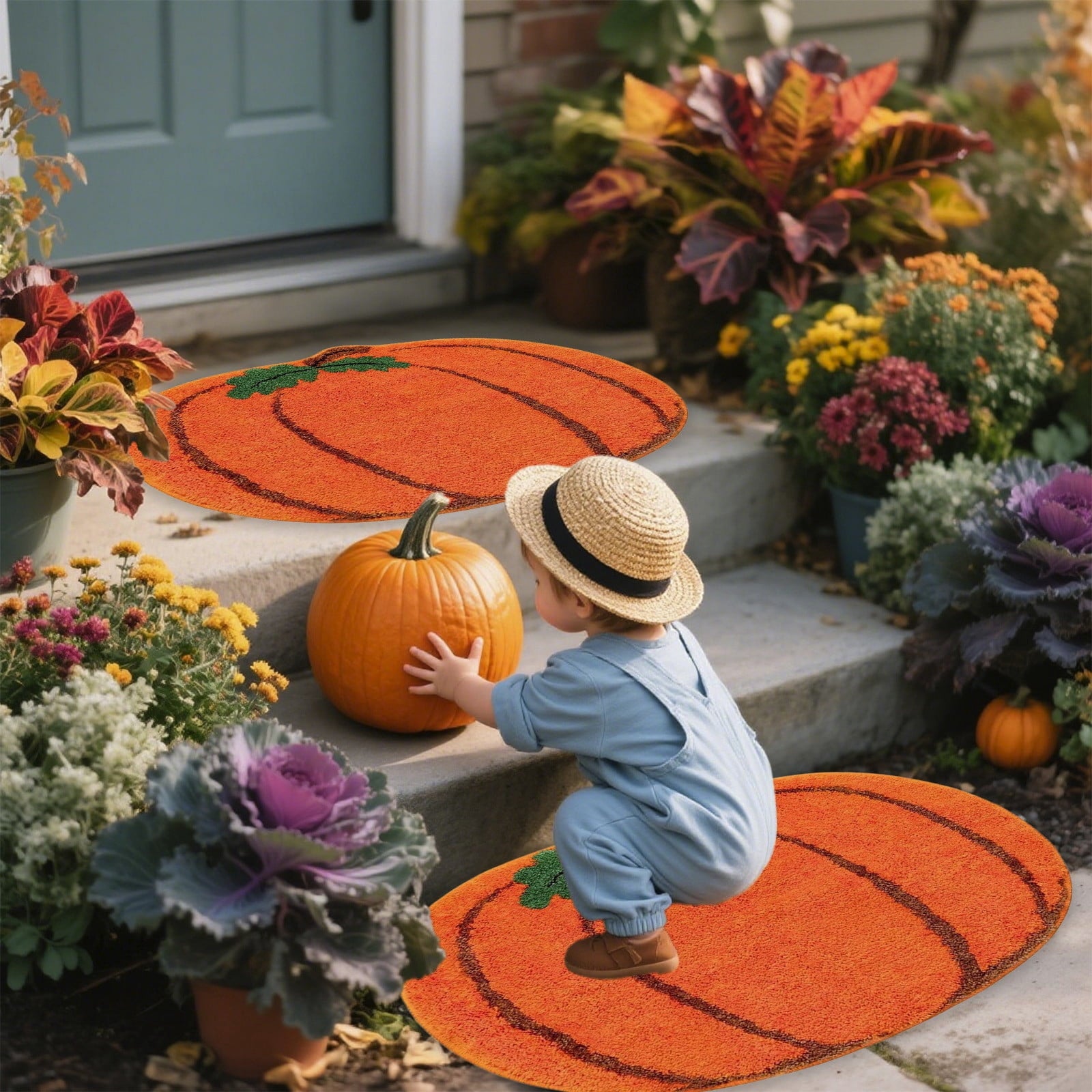 Cute Pumpkin Shaped Doormats, 15.7''x23.6'' Soft Non Slip Decorative Rugs for Front Door Bedroom Bathroom, Halloween & Thanksgiving Supplies