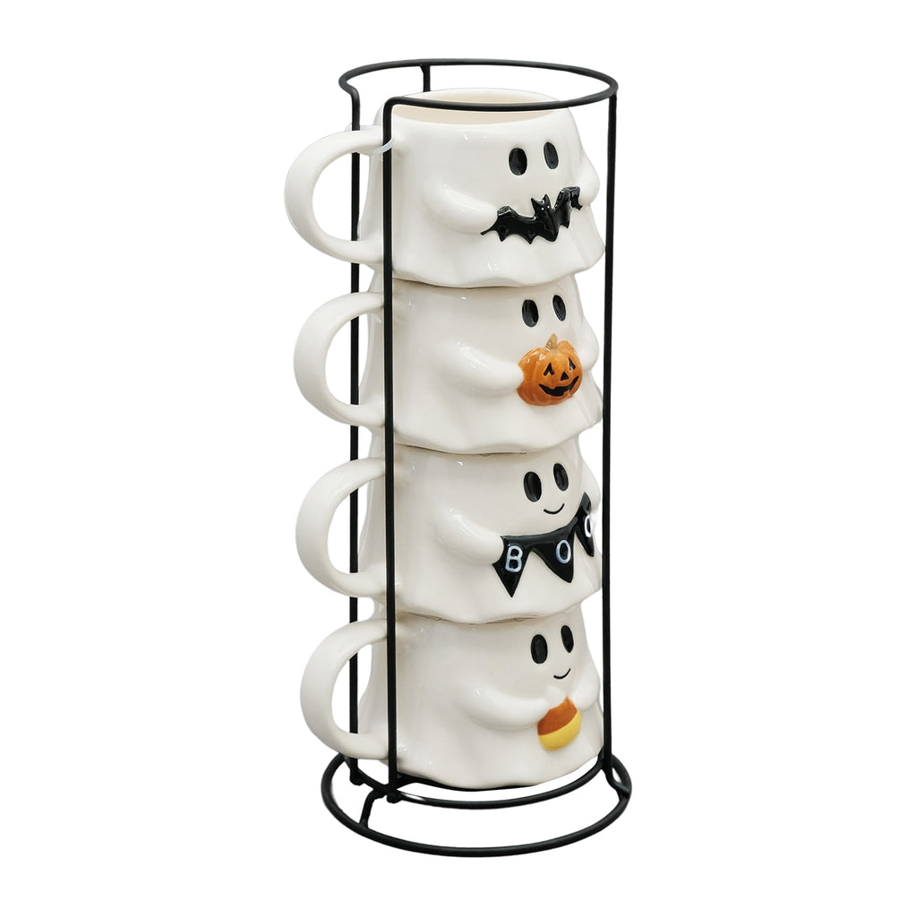 Way To Celebrate Halloween Ghost Stack Ceramic Mugs, 4-Pack, White, 12 fl oz