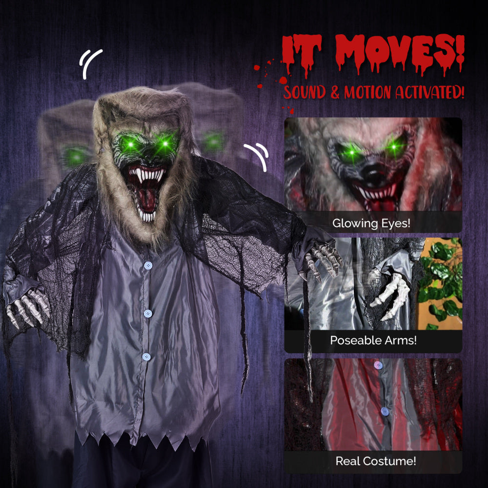 6.9ft Animated Hanging Werewolf - with Glowing Eyes and Creepy Howling Sound Halloween Decorations, Outdoor Haunted House Prop Decor, Grey