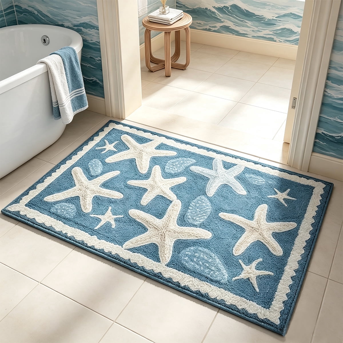 Door Mat Clearance- 16x24in Starfish Seashell Bath Mat Ocean Sea Theme Non-Slip Washable Beach Door Mat for Kitchen Bedroom Laundry Entryway Decor