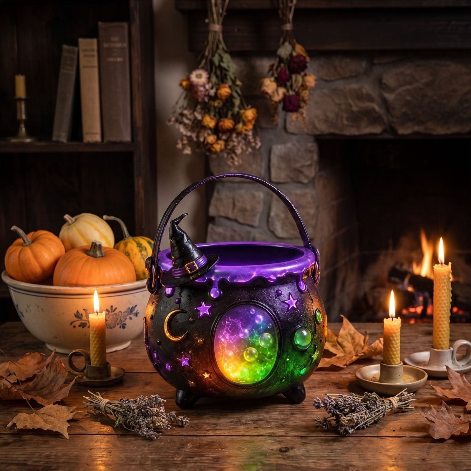 Diceymbol Halloween Pumpkin Snack Bowl Stand Collapsible Broomstick Candy Tray for Cupcakes & Desserts, Resin Serving Platter with Ceramic Pumpkin Bowls