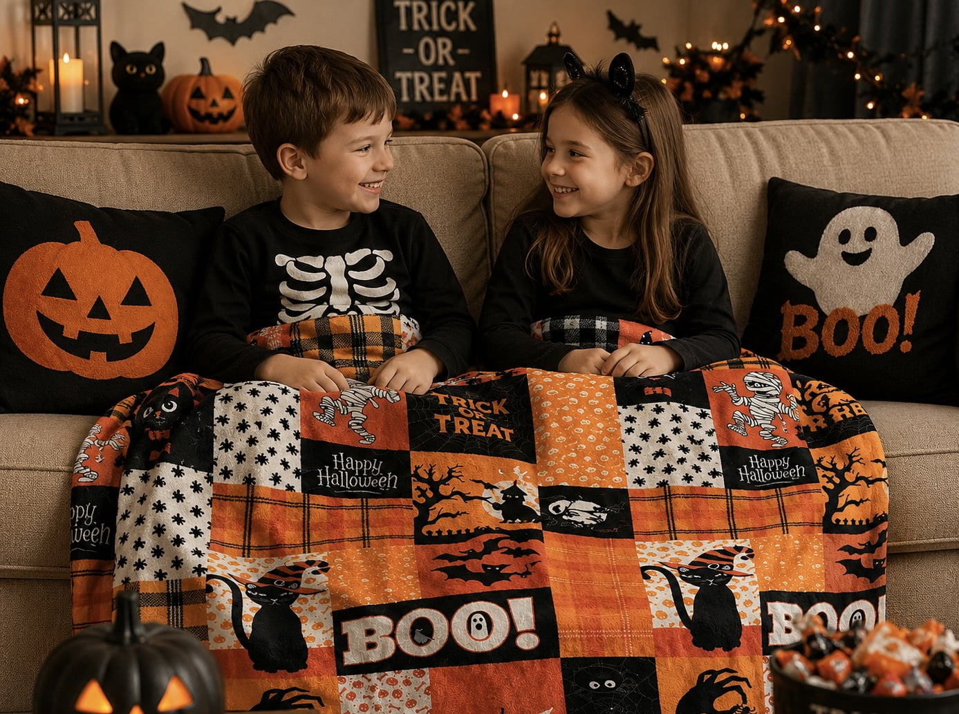 Serafina Home Halloween Throw Blanket: Fuzzy Boo! Jack O'Lantern Spider Webs Skull and Black Cats Print on Velvet Fleece for Sofa Bed Couch Chair Dorm