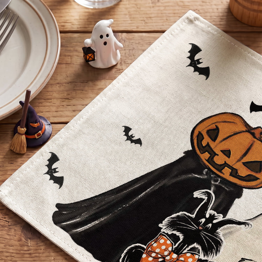 Smile Jack-O'-Lantern Spider Web Halloween Table Placemats Set of 4 Round 15 Inch Black