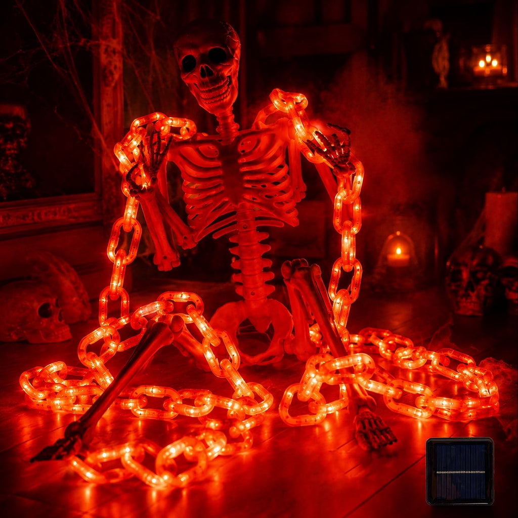 DAKIMOE Halloween Decoration Chain String Lights Orange Light Up Plastic Chain Decoration 10FT Long Glowing Link Chain for Haunted House Party Porch Yard Door Indoor Outdoor Halloween Decor