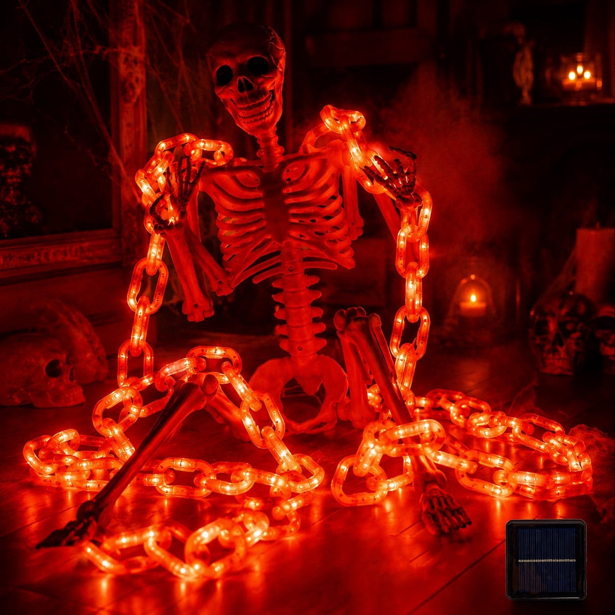 DAKIMOE Halloween Decoration Chain String Lights Orange Light Up Plastic Chain Decoration 10FT Long Glowing Link Chain for Haunted House Party Porch Yard Door Indoor Outdoor Halloween Decor