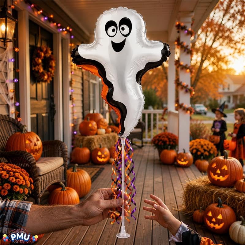 PMU Halloween Pre-Inflated Balloons "Whimsical Pumpkin" 9 Inch Air-Filled Pre-inflated with a Cup and a Stick (1/Pkg) Pkg/1