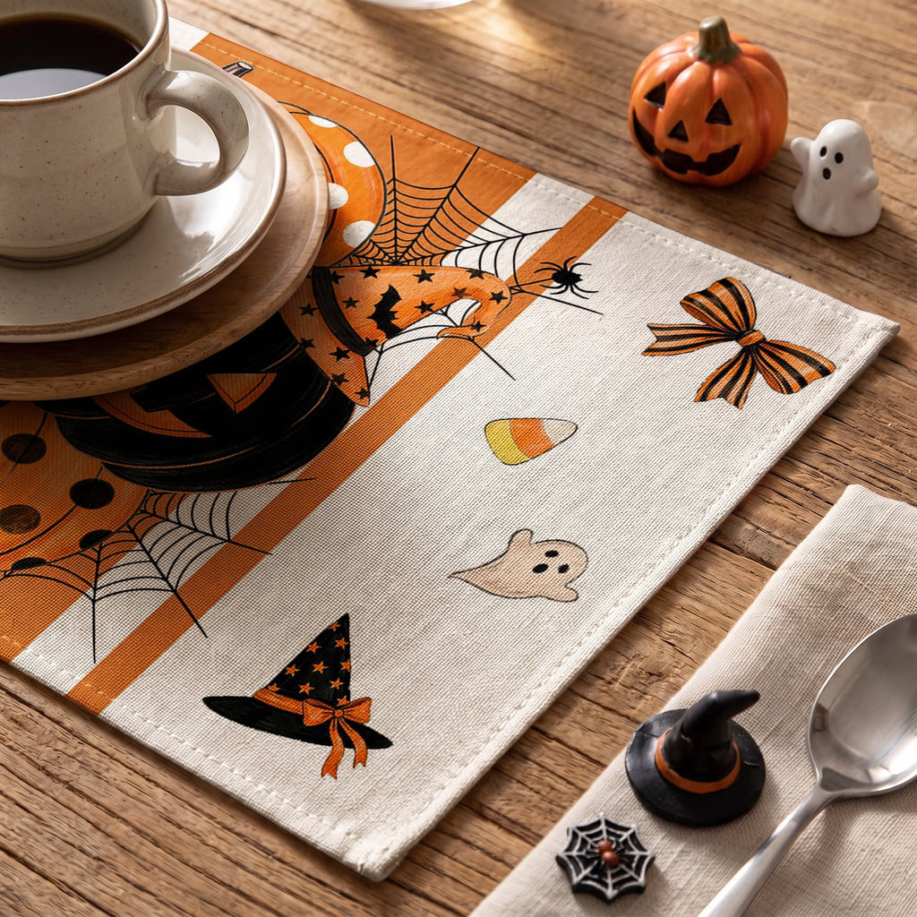 Smile Jack-O'-Lantern Spider Web Halloween Table Placemats Set of 4 Round 15 Inch Black