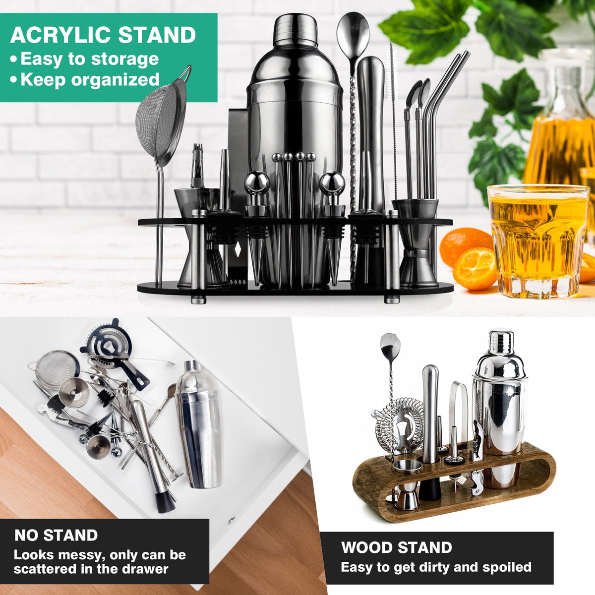 Biemlerfn 25-Piece Cocktail Shaker Set, Mixology Bartender Kit with Acrylic Stand Stainless Steel Bar Tools, Full Bartender Accessories and Recipe Book