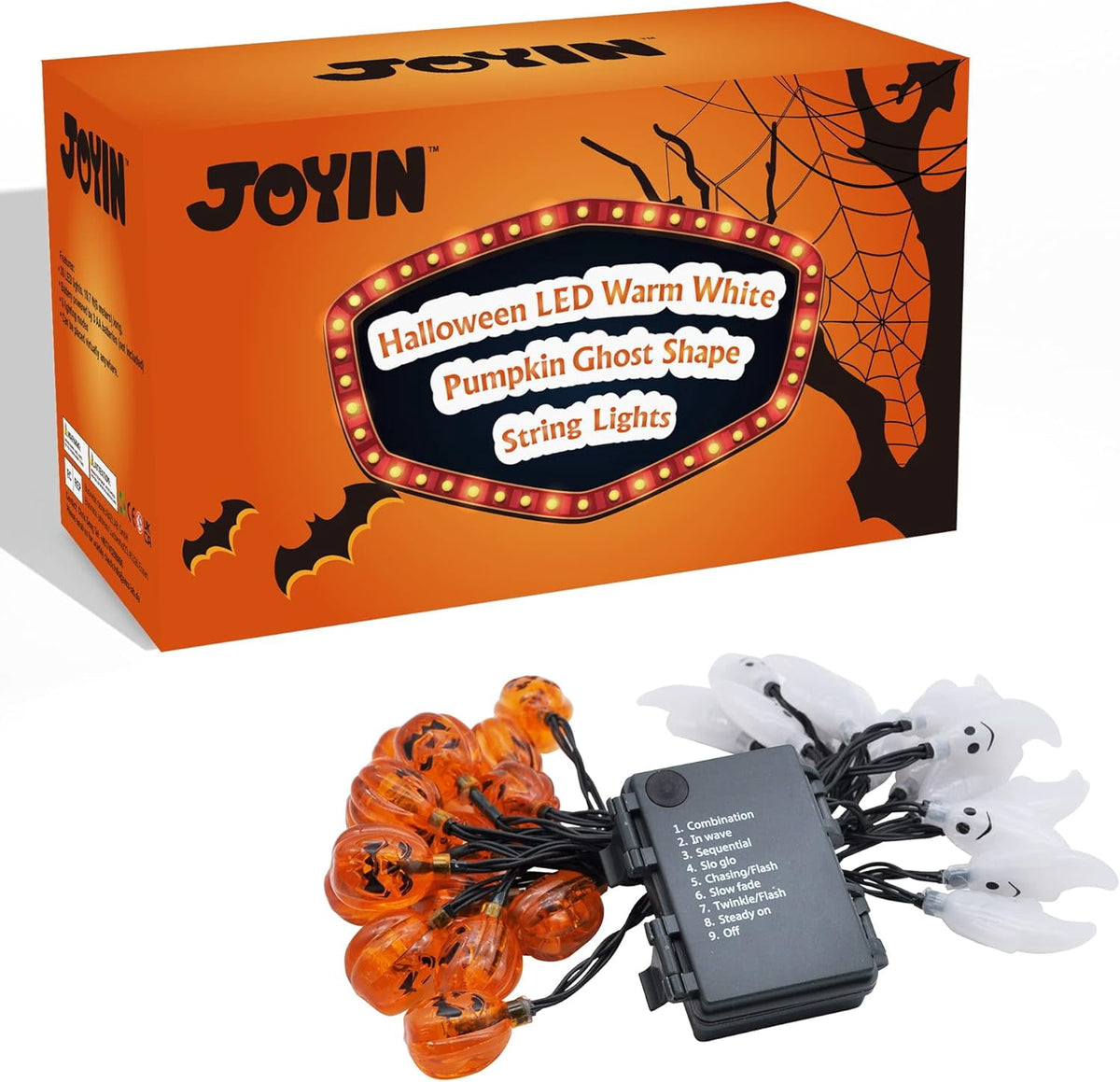 Joyfy 19.7ft Halloween Lights,30 LED Waterproof 3D Pumpkin Ghost Battery Operated String Lights with Timer 8 Lighting Modes Fairy Light for Window Indoor Outdoor Decor Halloween Party Decorations