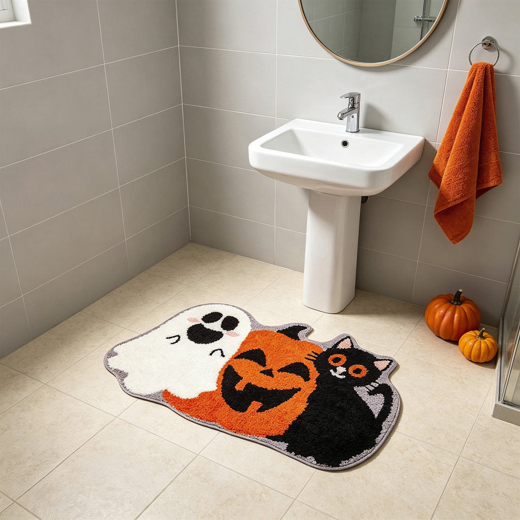 Halloween Doormat Ghost Bath Mat 23.6x15.7in Secure-Grip Absorbent Soft Faux Fur Rug for Bathroom Bedroom Living Room Decor by OVFUIZ