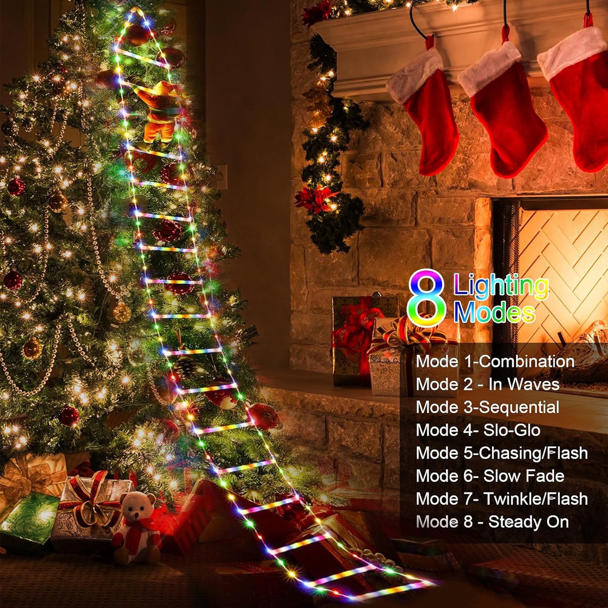 Morfone Christmas Decorations LED Ladder Lights with Climbing Santa Claus, 10.5ft Christmas Decorative String Lights for Indoor Outdoor, Window, Garden, Home, Wall, Xmas Tree Decor, Multicolor