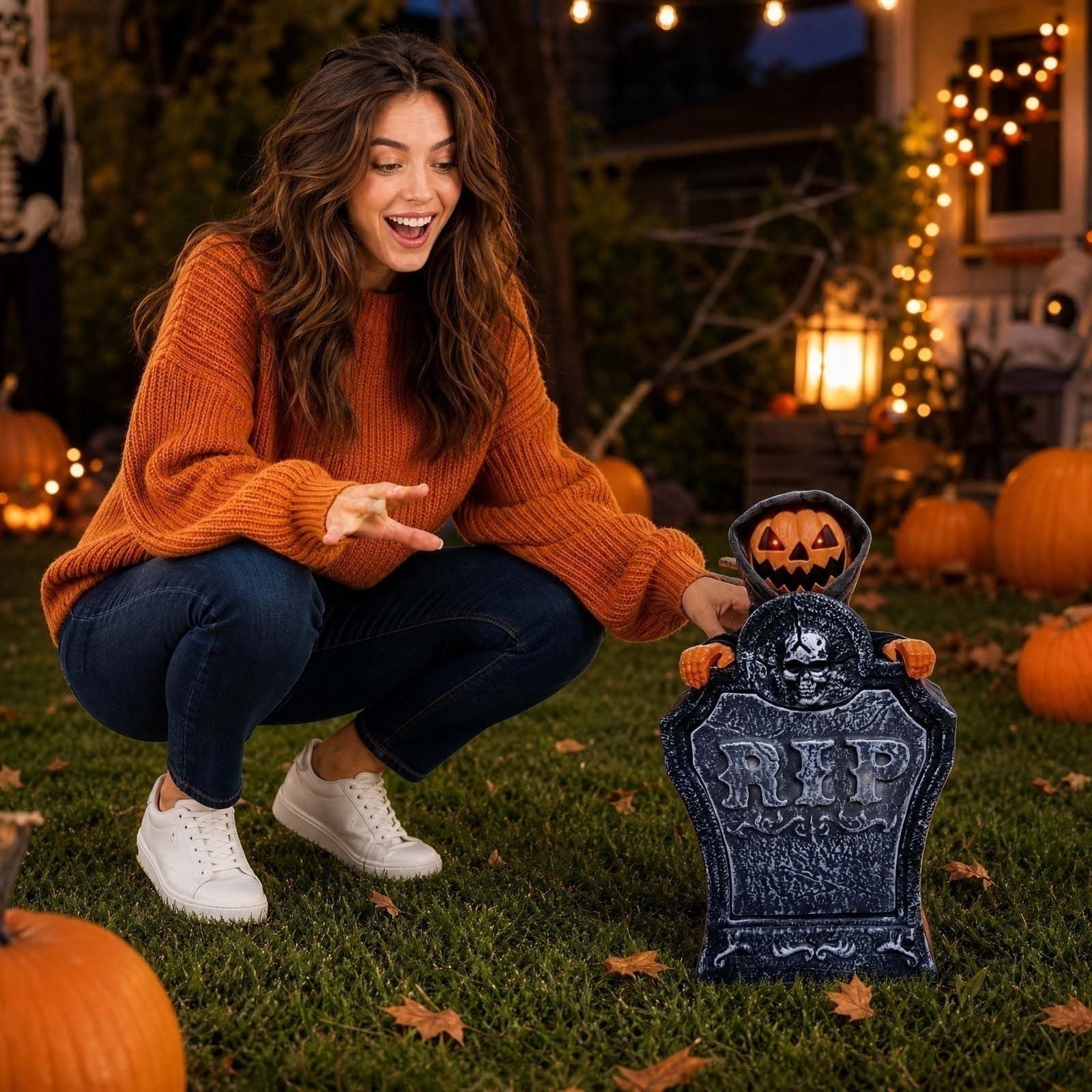 Roiihwy Halloween Animated Tombstone With Voice Activated Rising Skeleton And Pumpkin, B