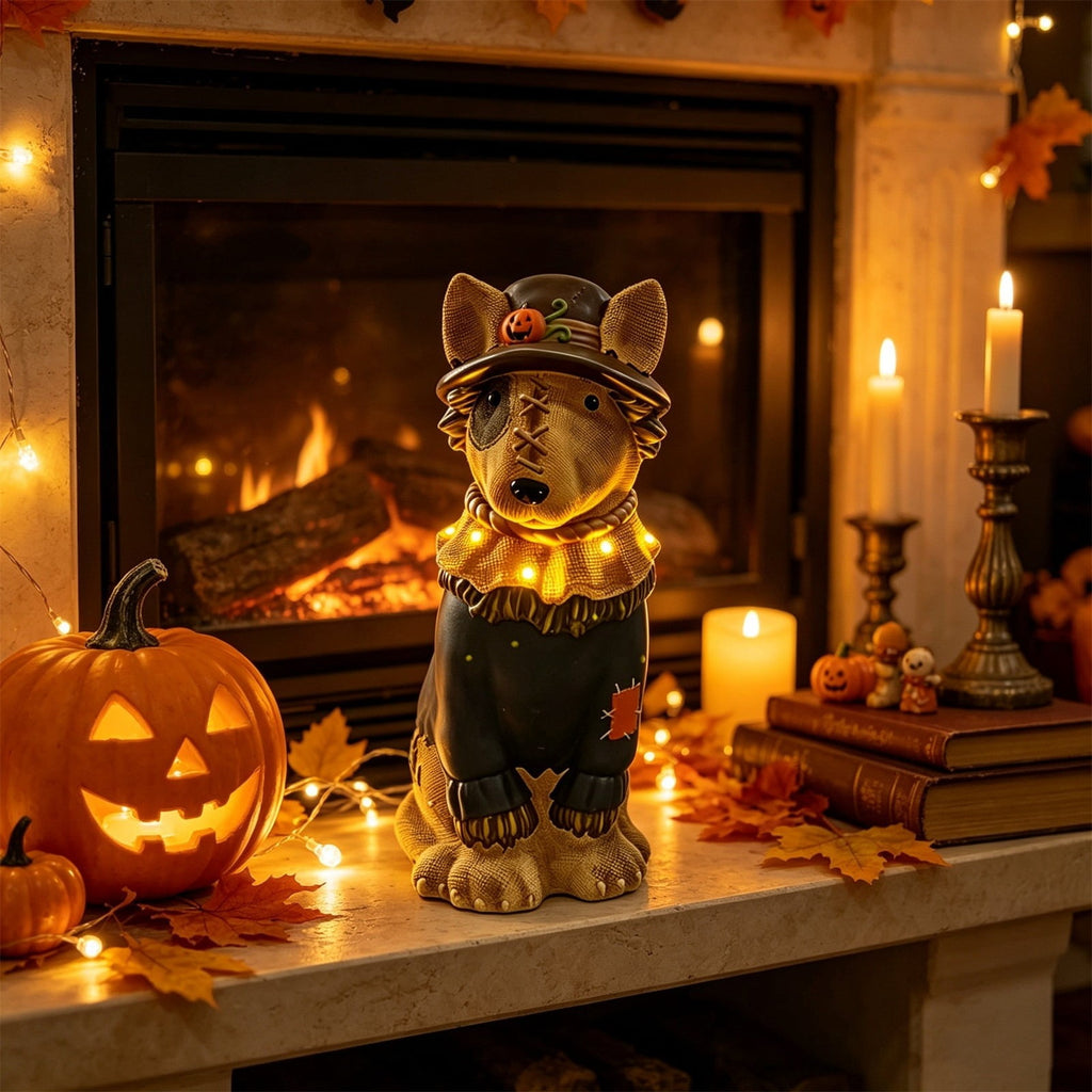Clearance Halloween Schnauzer Bat Figurine with Ghost Bucket, 8 inch Resin Cute Dog Gifts Tabletop Decor