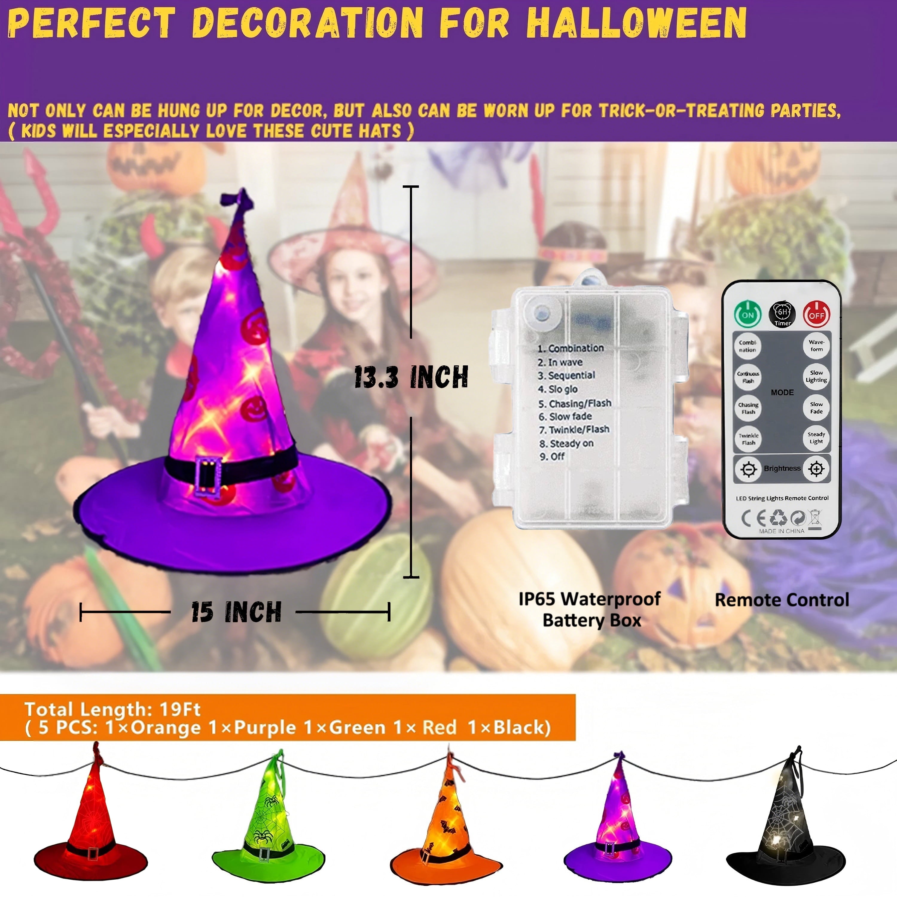 PMMIPNW Halloween Decorations Lighted Witch Hats Waterproof 5 PCS, Glowing Witch String Lights 12FT, Remote Control with 8 Modes for Outdoor Garden Halloween Party Decoration