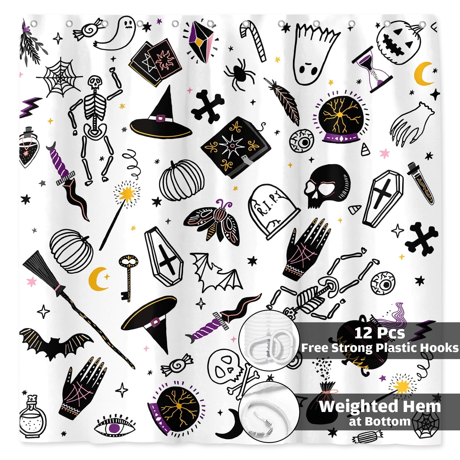 Seasonwood Halloween Shower Curtain,Spooky Halloween Black Cat Shower Curtain,Waterproof Halloween Bathroom Decor with 12 hooks,72"x72"