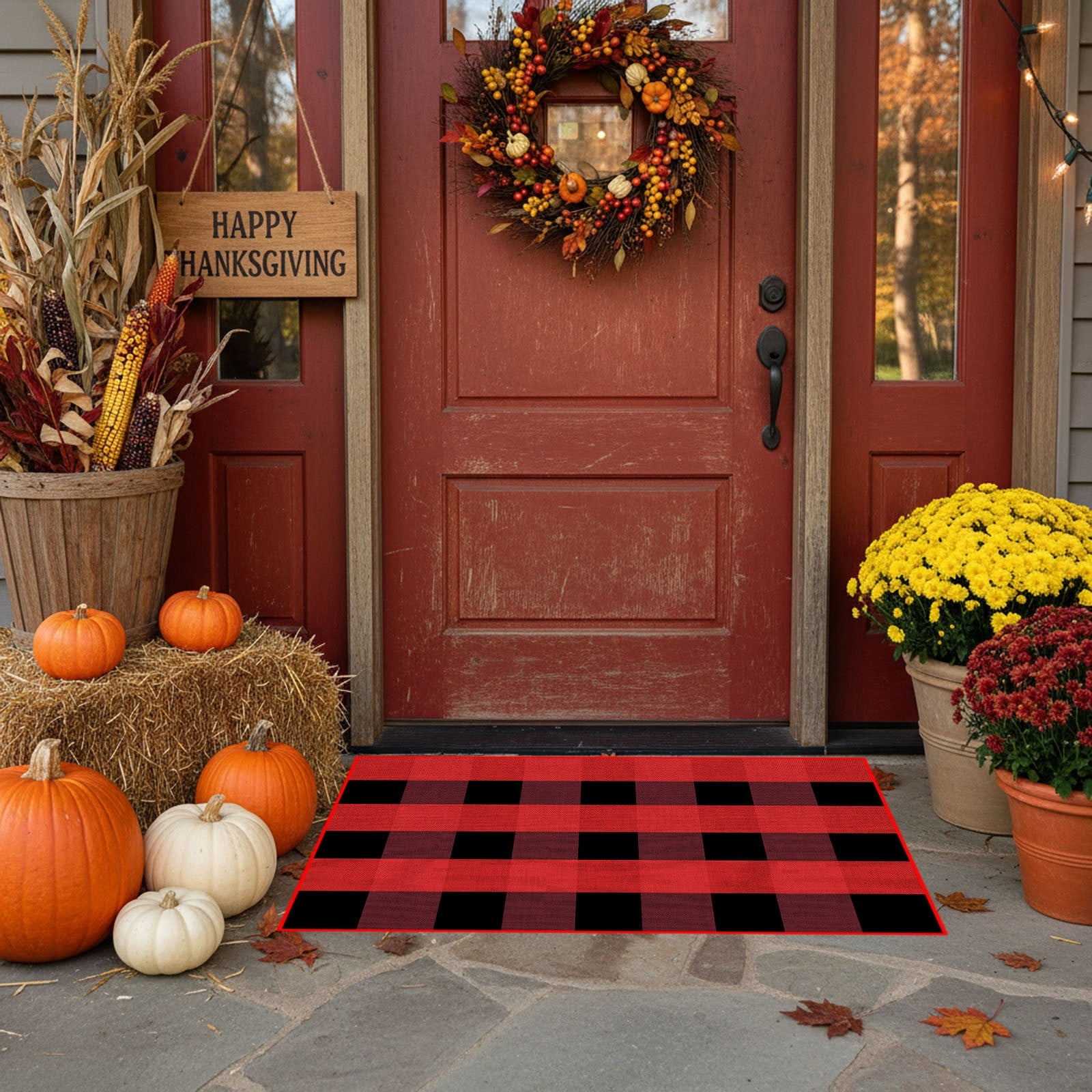 Halloween Fall Outdoor Rug Plaid Rug Foldable Floor Mat for Thanksgiving Front Door Front Porch Farmhouse Entryway Patio Decoration