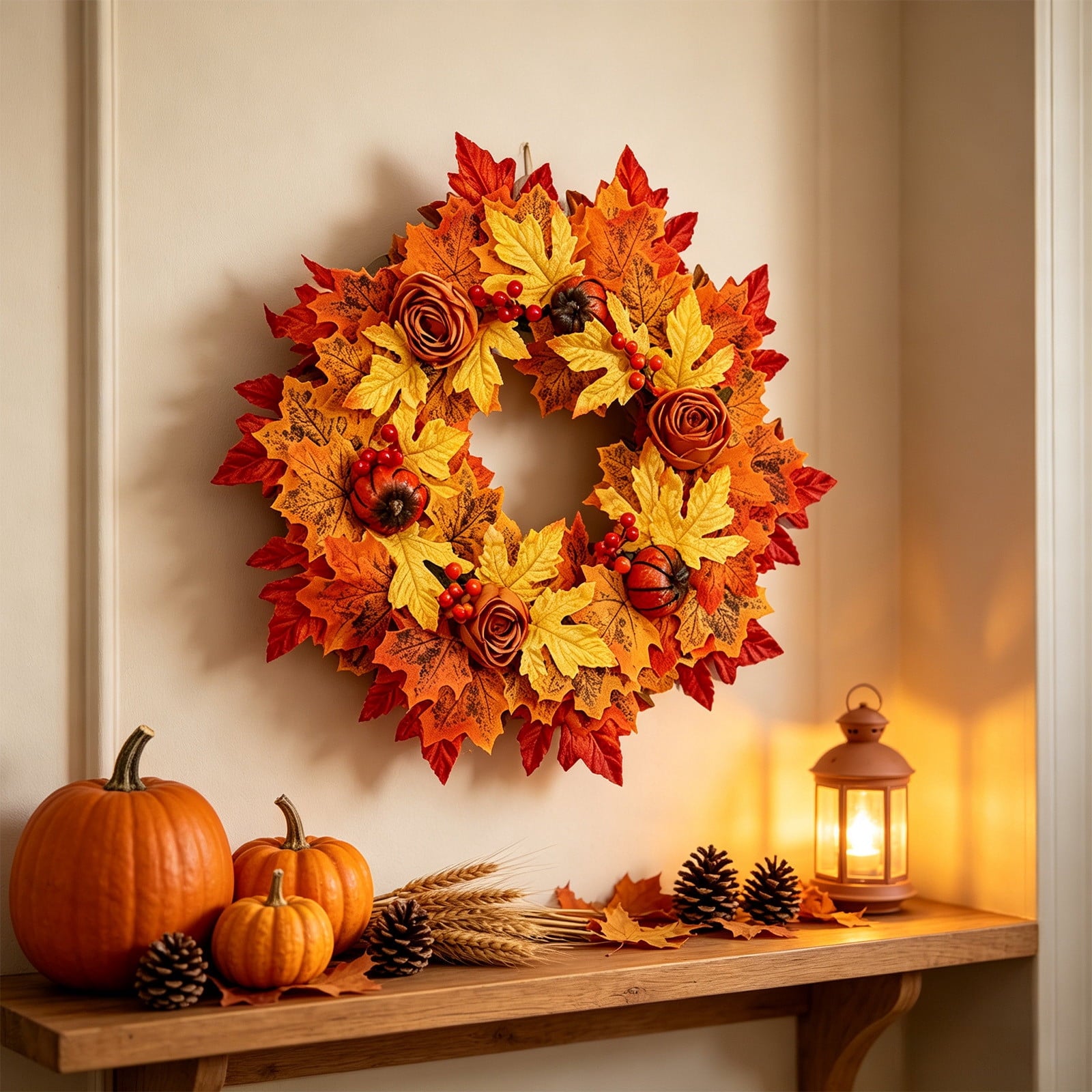 HOARBOEG Autumn Harvest Sunflower Wreath, Artificial Pumpkin Maple Leaf Fall Wreath for Front Door, 21.65 in Thanksgiving Wall Hanging Decor, Outdoor Indoor Harvest Decor