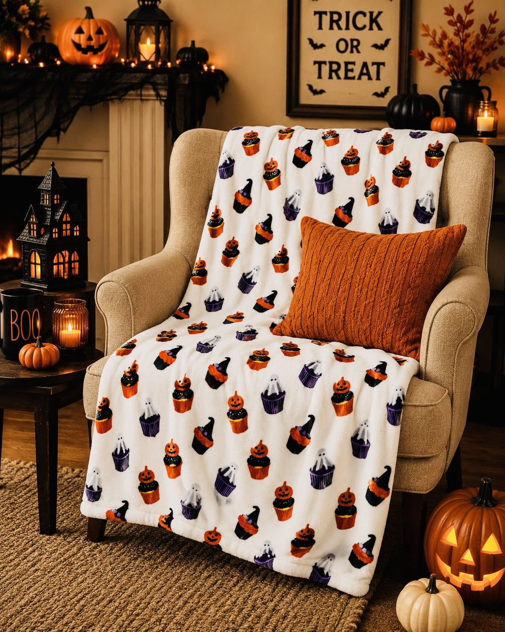 Serafina Home Halloween Throw Blanket: Fuzzy Boo! Jack O'Lantern Spider Webs Skull and Black Cats Print on Velvet Fleece for Sofa Bed Couch Chair Dorm