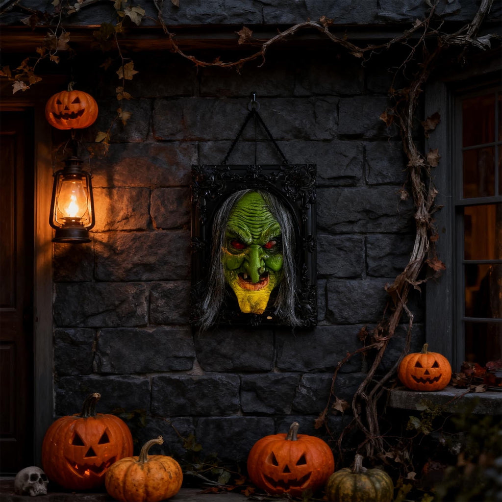 Leeye Motion Sensor Halloween Witch Wall Hanging, Haunted Talking Witch Picture Frame with Sound Activation, Scary Animated Witch Wall Decor for Indoor Party Haunted House