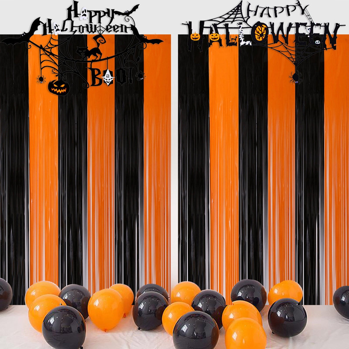 Home Decor Orange And Black Foil Curtains 6.6X3.3 Feet | Halloween Fringe For Halloween Decorations | Orange And Black Door Streamers Orange Foil Fringe Curtain For Orange Party Decoration