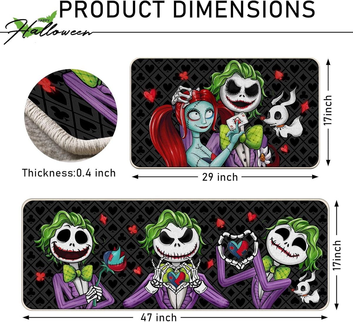Halloween Jack Skellington Kitchen Rugs Set of 2, Green Monster Mayor Jack O Lantern Pumpkin Kitchen Mats Decor, Funny Holiday Ghost Floor Door Mat Home Decorations - 17x29 and 17x47 Inch