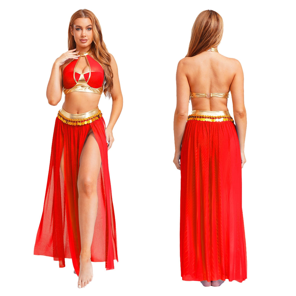 YiZYiF Women's Belly Dance Costume Halter Crop Top with Sequin Tassel Split Mesh Long Skirt 2Pcs Set Red A S