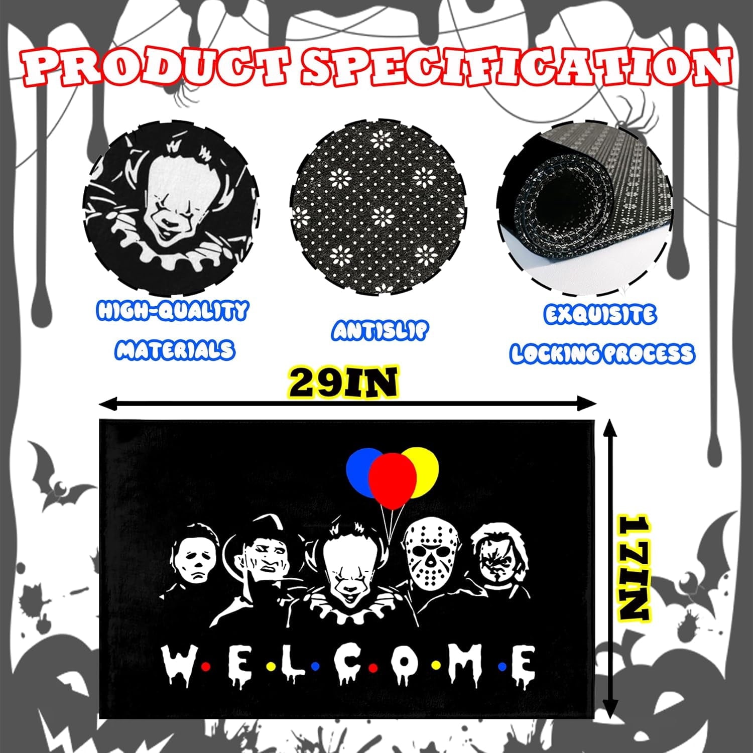 Halloween Door Mat Welcome Mats 17 X 29 Inch Horror Movie Doormat Decorative Entrance Mat Non-Slip Rubber Backed Floor mat, Washable, Seasonal Welcome mat, Indoor/Outdoor entryway Decoration