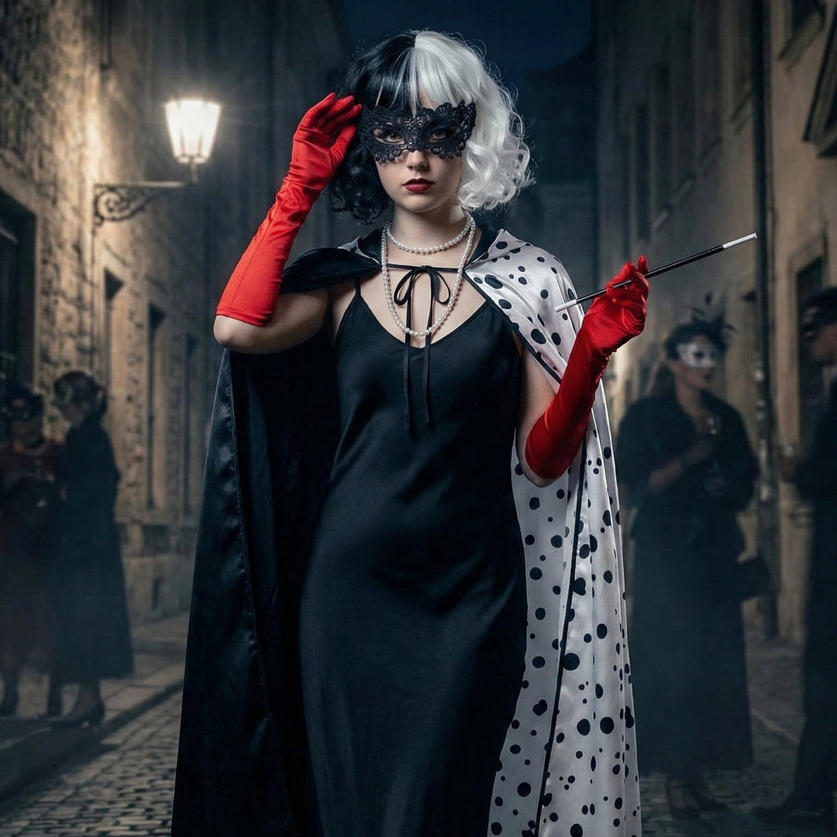 Forfamy De-Ville Costume Women,Black White Coat with Wigs Gloves Necklace, Womens Halloween Costumes